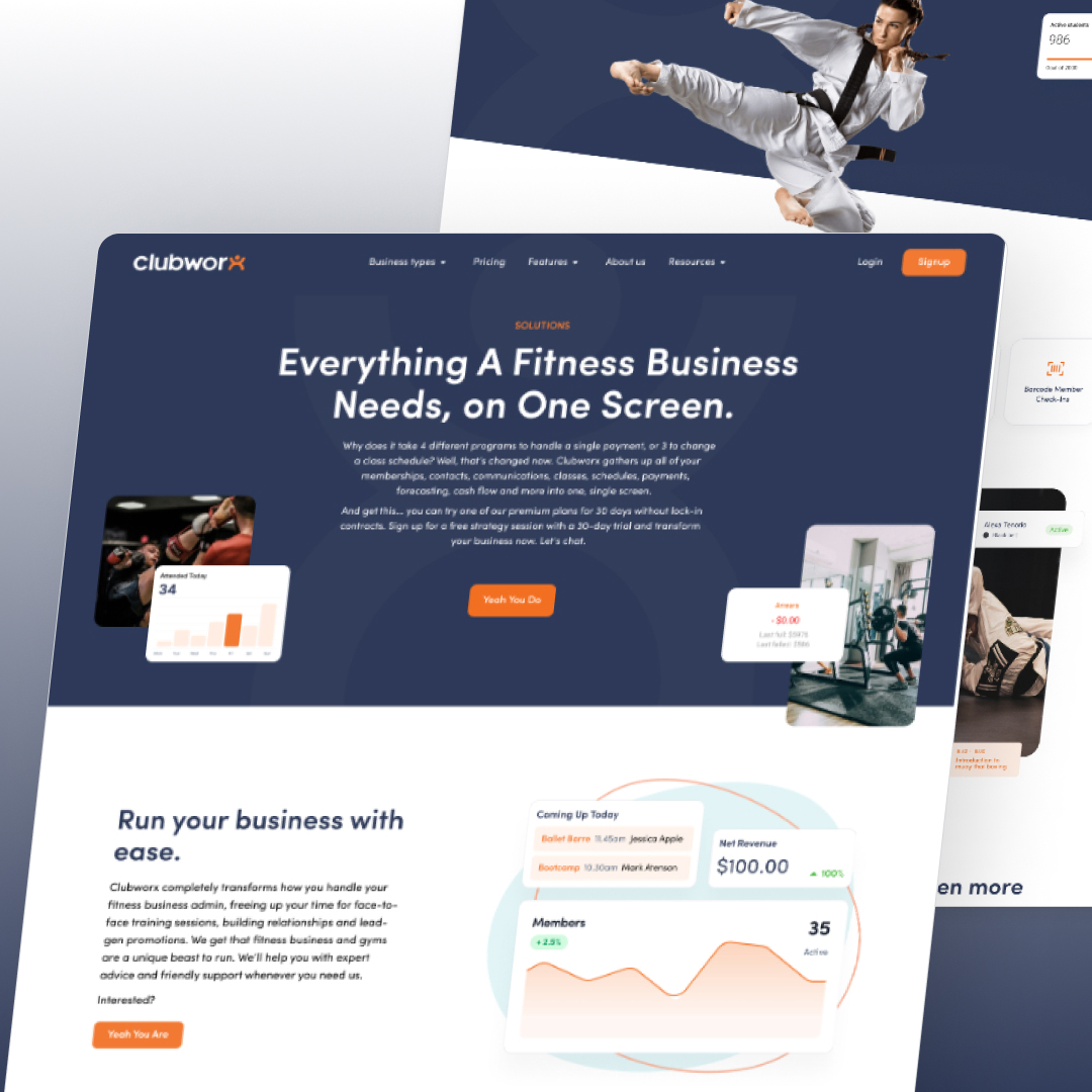 Design As A Subscription 22 A webpage screenshot features two overlapping sections. The main section displays text about fitness business solutions, graphs, and a Watch the Demo button. A martial artist in a kick pose graces the top section, highlighting unlimited graphic design services. Logos and a signup button complete the scene.
