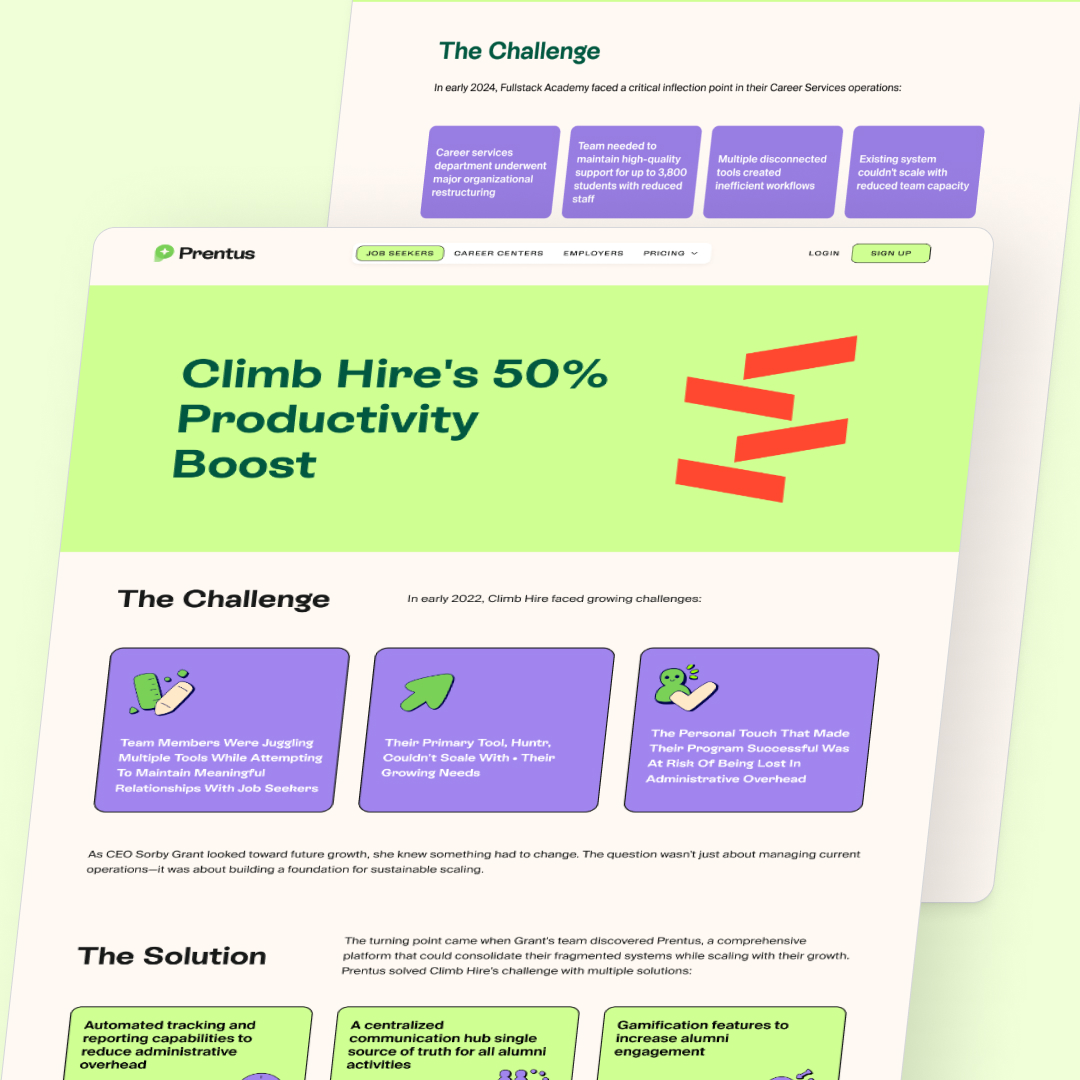 Design As A Subscription 21 Two web page snapshots highlight Climb Hires productivity boost. The page outlines challenges and solutions, emphasizing a 50% productivity increase. With a design subscription featuring green and purple colors, it showcases bold headers and brief, clear sections.