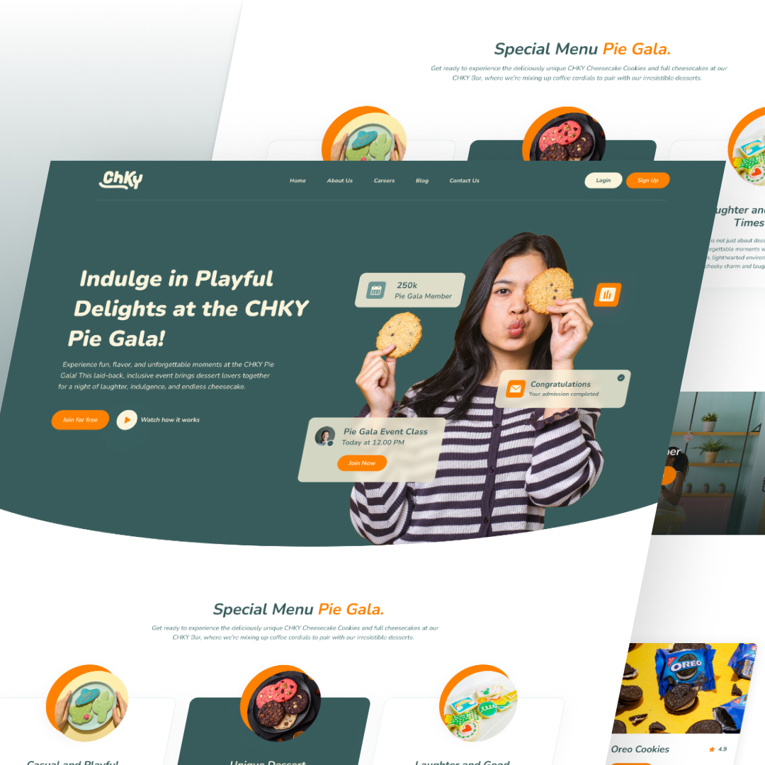 Design As A Subscription 17 A website homepage with a green background showcases a person playfully holding cookies over their eyes. The text highlights the CHKY Pie Gala event, member benefits, and cookie options. Discover unlimited graphic design offers and special menu items displayed at the bottom.