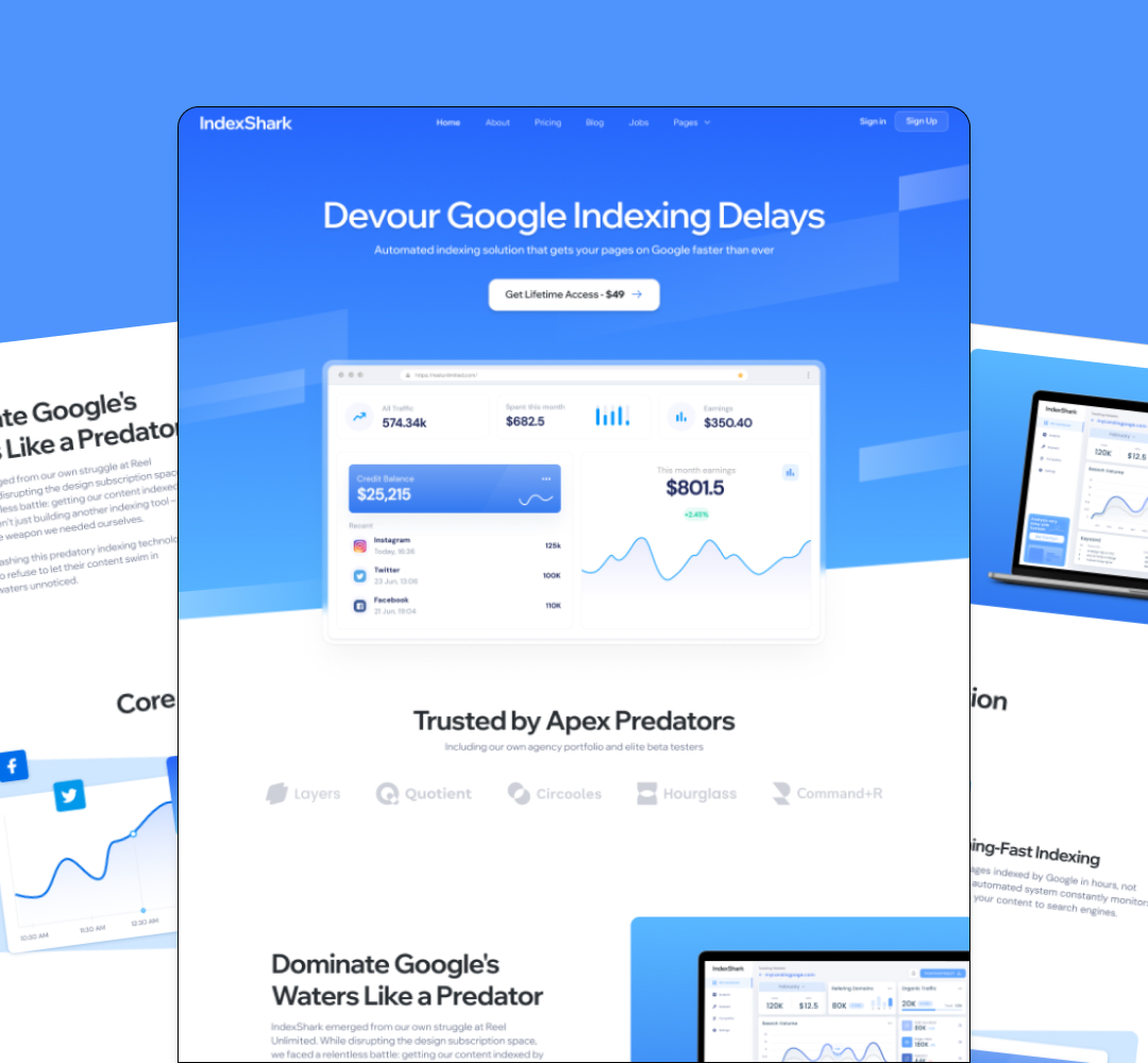 Design As A Subscription 25 Screenshot of a webpage for IndexShark, featuring a blue gradient background. The main heading says Devour Google Indexing Delays. A graph and metrics are displayed, along with a call-to-action button offering lifetime access akin to an unlimited graphic design service.