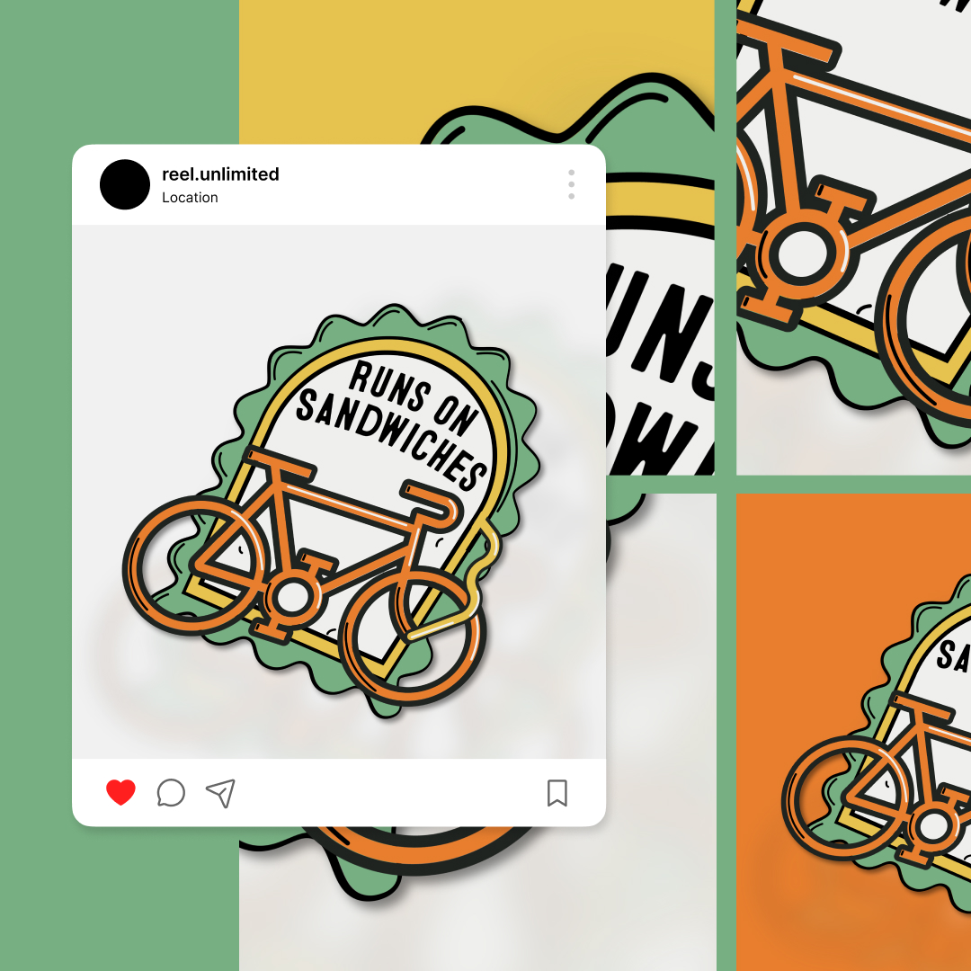 Reel Unlimited 9 Graphic of a bicycle with the phrase Runs on Sandwiches. Styled as a social media post, it features a white background and orange border accents, showcasing creativity. Enhance your feed consistently with Reel Unlimiteds graphic design subscription service.