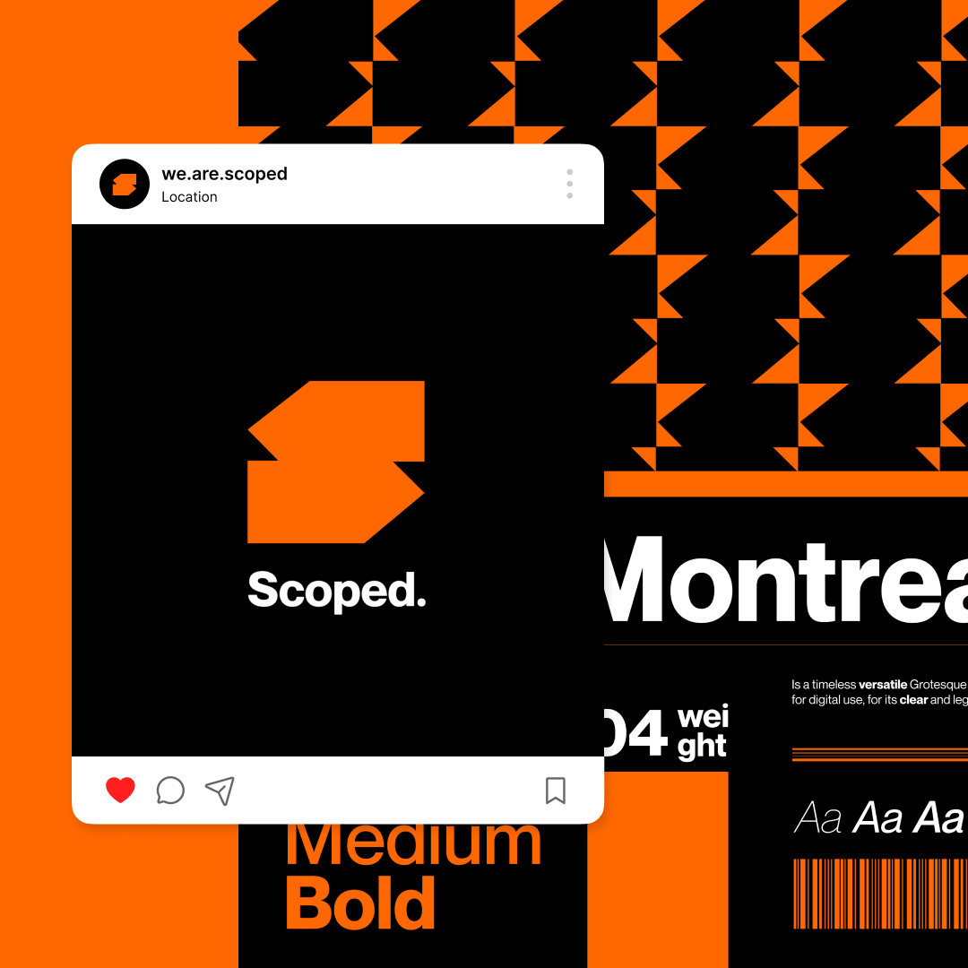 Reel Unlimited 2 Abstract design featuring orange and black geometric patterns with a small Instagram-style post showing the Scoped logo. The background includes Montreal and font styles like Medium Bold, all crafted under an unlimited graphic design subscription for endless creative possibilities.