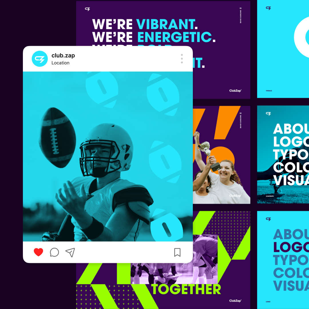 Reel Unlimited 5 Collage of vibrant sports-themed graphics. Central image shows an American football player catching a ball, overlaid with a blue filter. Surrounding text features motivational phrases like Were vibrant, Together, and emphasizes unlimited graphic design along with logo typography and color visual.
