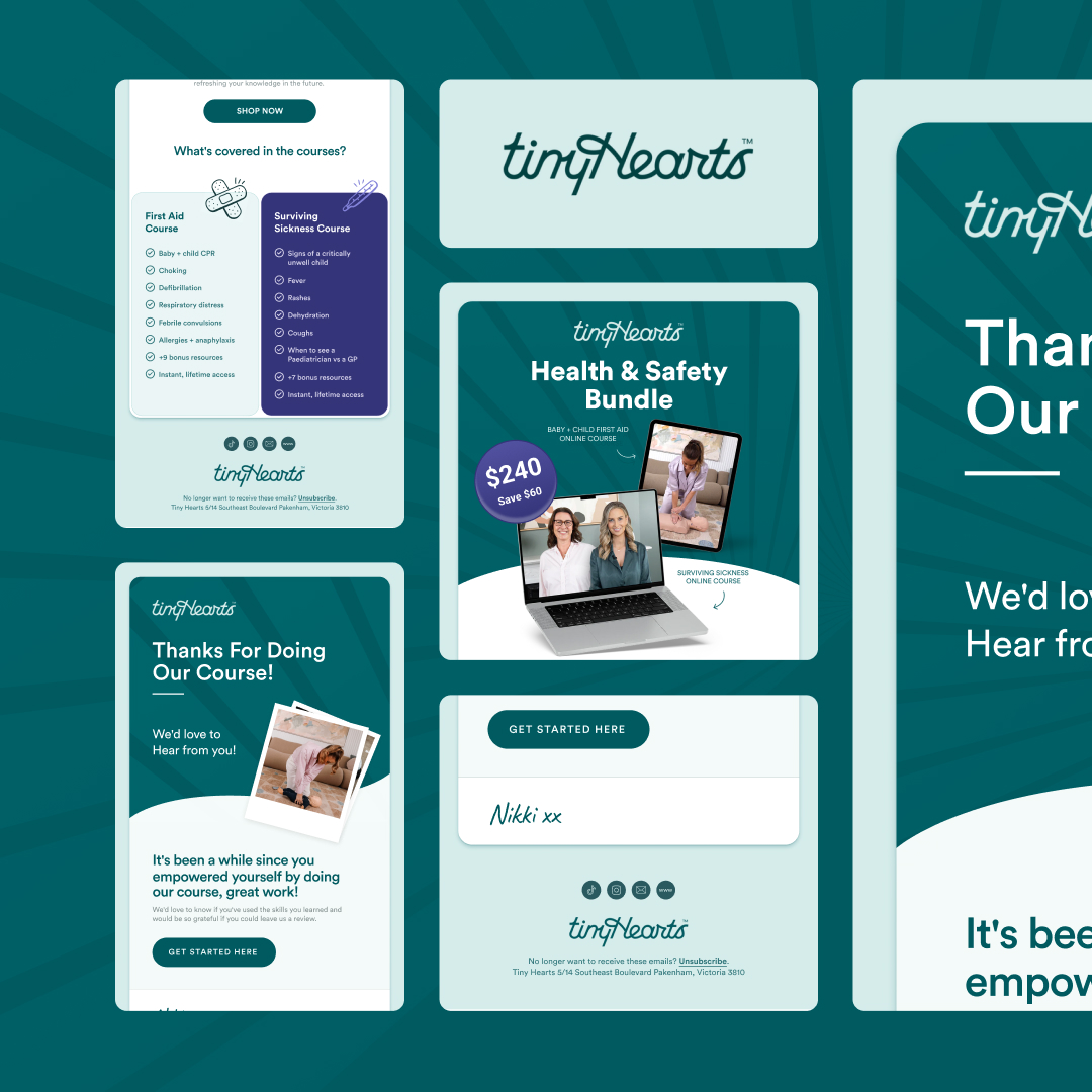 Reel Unlimited 6 A mockup of website screens for tinyHearts showcases unlimited graphic design features. It includes course coverage details, a thank you message for completion, a health and safety bundle offer, a text entry field, and the logo. The design elegantly blends teal and white colors.