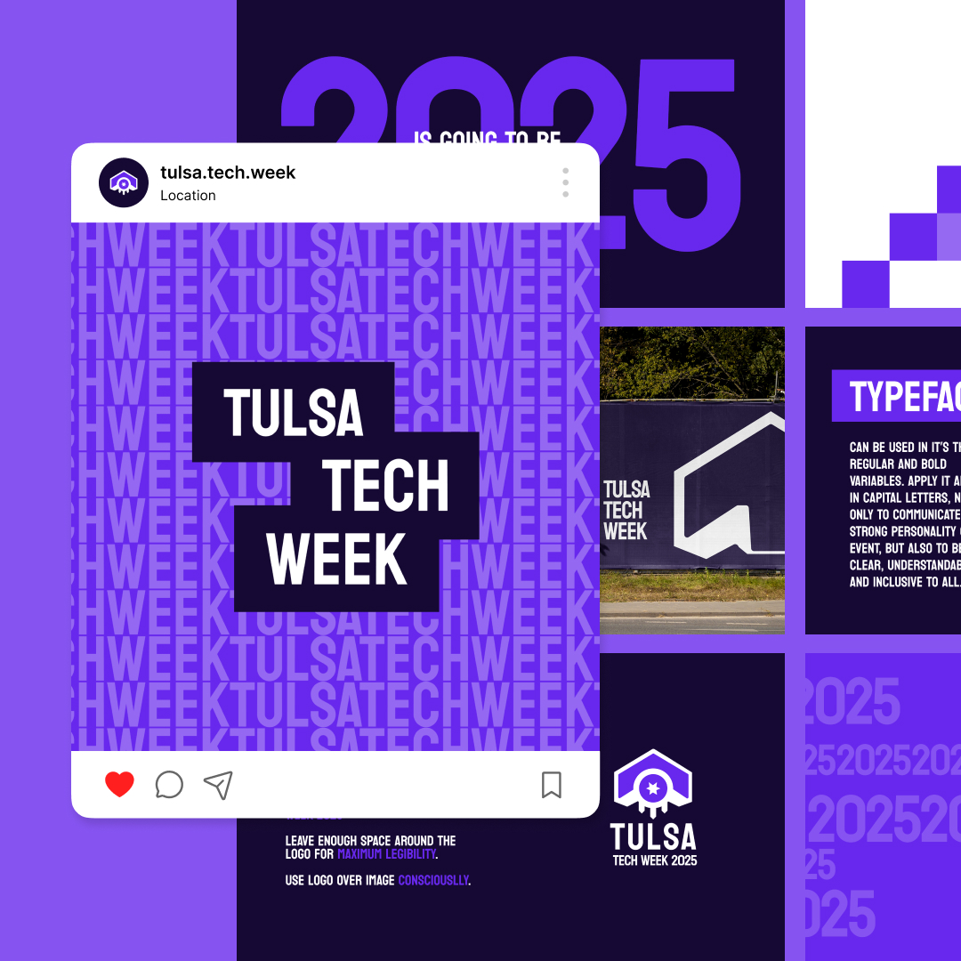 Reel Unlimited 10 Collage showcasing a Tulsa Tech Week promo image. Features an Instagram post mockup, striking 2025 text, a logo, typography guidelines, and an event banner photo—all in purple and white with hints of unlimited graphic design potential.